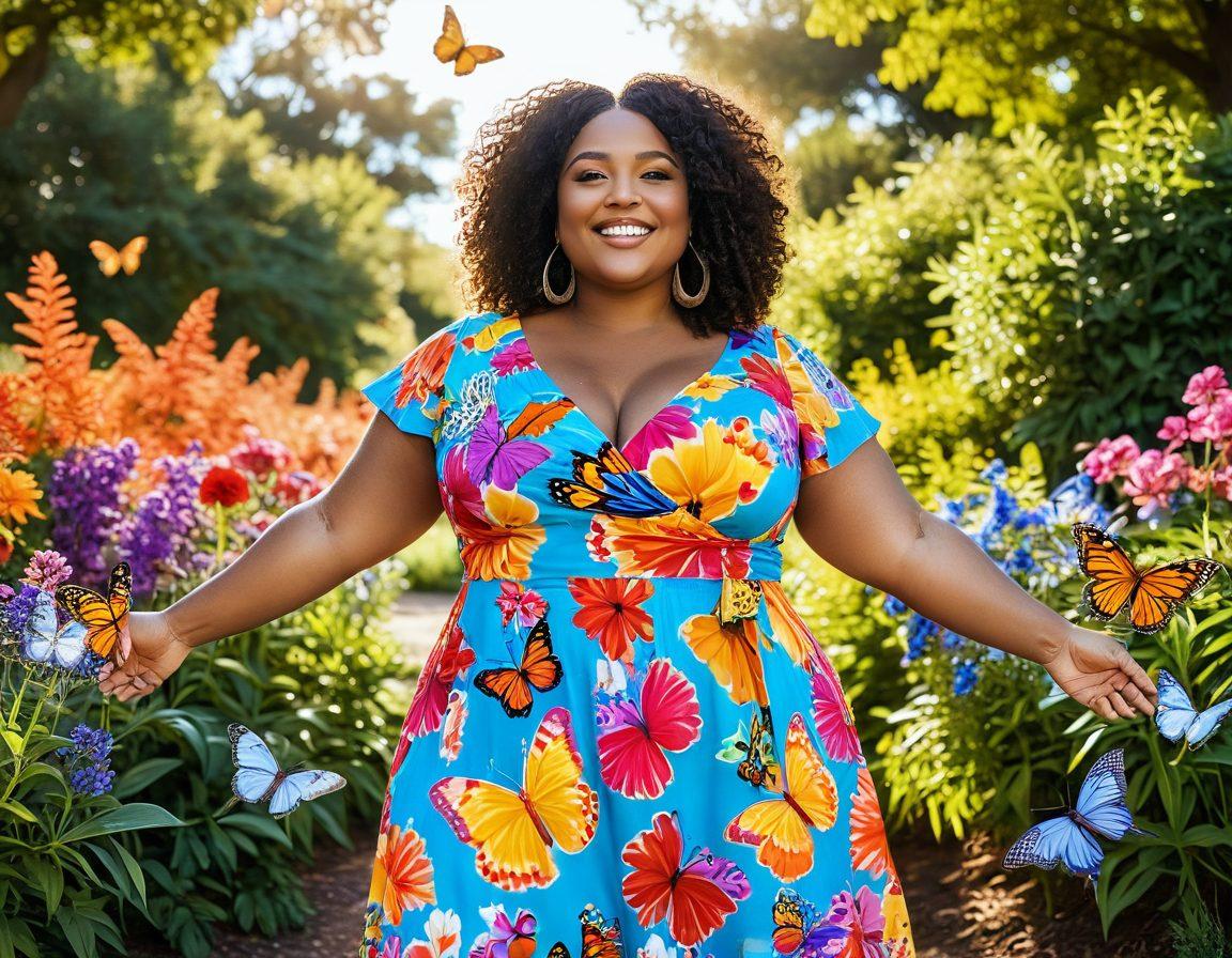 A confident curvy woman embracing her body, surrounded by vibrant, empowering symbols like flowers and butterflies. She stands in a sunlit park, radiating joy and self-acceptance, showcasing her colorful outfit that celebrates her curves. The background features diverse women of all sizes holding hands, symbolizing unity and empowerment. The scene should evoke positivity and strength. vibrant colors. super-realistic.