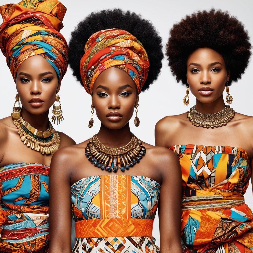 A vibrant collage showcasing diverse individuals in Afrocentric fashion, celebrating inclusivity in beauty. The backgrounds feature patterns inspired by traditional African textiles, while the subjects express joy and individuality through their unique styles and accessories. Bright colors and dynamic poses enhance the sense of movement and celebration. super-realistic. vibrant colors. white background.